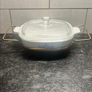 Vintage 7”  Cornflower Corningware Casserole Dish with Gold Handled holder & lid